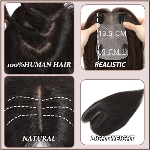 Hair Toppers for Women Real Human Hair, 360° 3D Human Hair Toppers for Women with Thinning Hair Upgrade Middle Part Clip in Bangs Hair Topper Hair Pieces for Women Daily (Mocha Brown, 18 Inch)