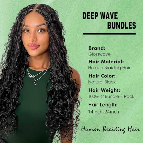 Human Braiding Hair 2 Bundles 100g 24 Inch Deep Wave Bulk Human Hair for Braiding No Weft Curly Braiding Hair Bulk Curly Human Hair for Boho Braids 12A Brazilian Virgin Hair Extensions Natural Color