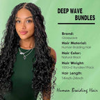Human Braiding Hair 2 Bundles 100g 24 Inch Deep Wave Bulk Human Hair for Braiding No Weft Curly Braiding Hair Bulk Curly Human Hair for Boho Braids 12A Brazilian Virgin Hair Extensions Natural Color