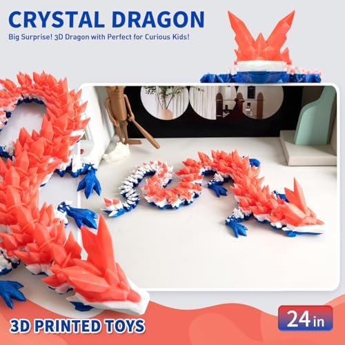 Large 3D Printed Dragon,24 Inch 3D Dragon Toys,Bigger Fidget Crystal Animals Toys, 3D Printed Articulated Animals for Home Office Car Desk Decor (Red White Blue, 24 inch)