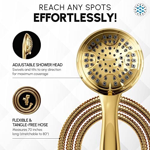 Luxury Spa: ImperialShine Gold Hand Held Shower Head, 4.5 inch 6 Spray Setting Handheld Showerhead with Extra-Long Hose, Experience Comfort and Elegance (Polished Brass/ImperialShine Gold)