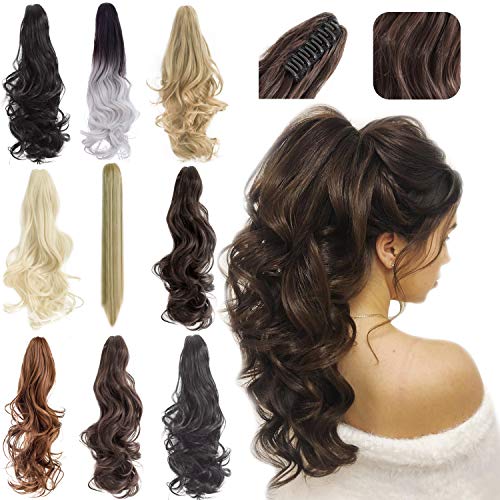FELENDY Ponytail Extension Claw 18" 20" Curly Wavy Straight Clip in Hairpiece One Piece A Jaw Long Pony Tails for Women Ash Blonde Mix Light Bleach Blonde