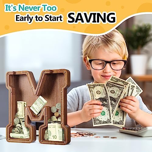 Summidate Customized Name Large Wooden Piggy Bank for Kids Boys Girls Alphabets Letter A-Z Coins Bills Money Change Bank Box Initial on Clear Cover (Laser Engraved) (Alphabet-M, Personalized-12)
