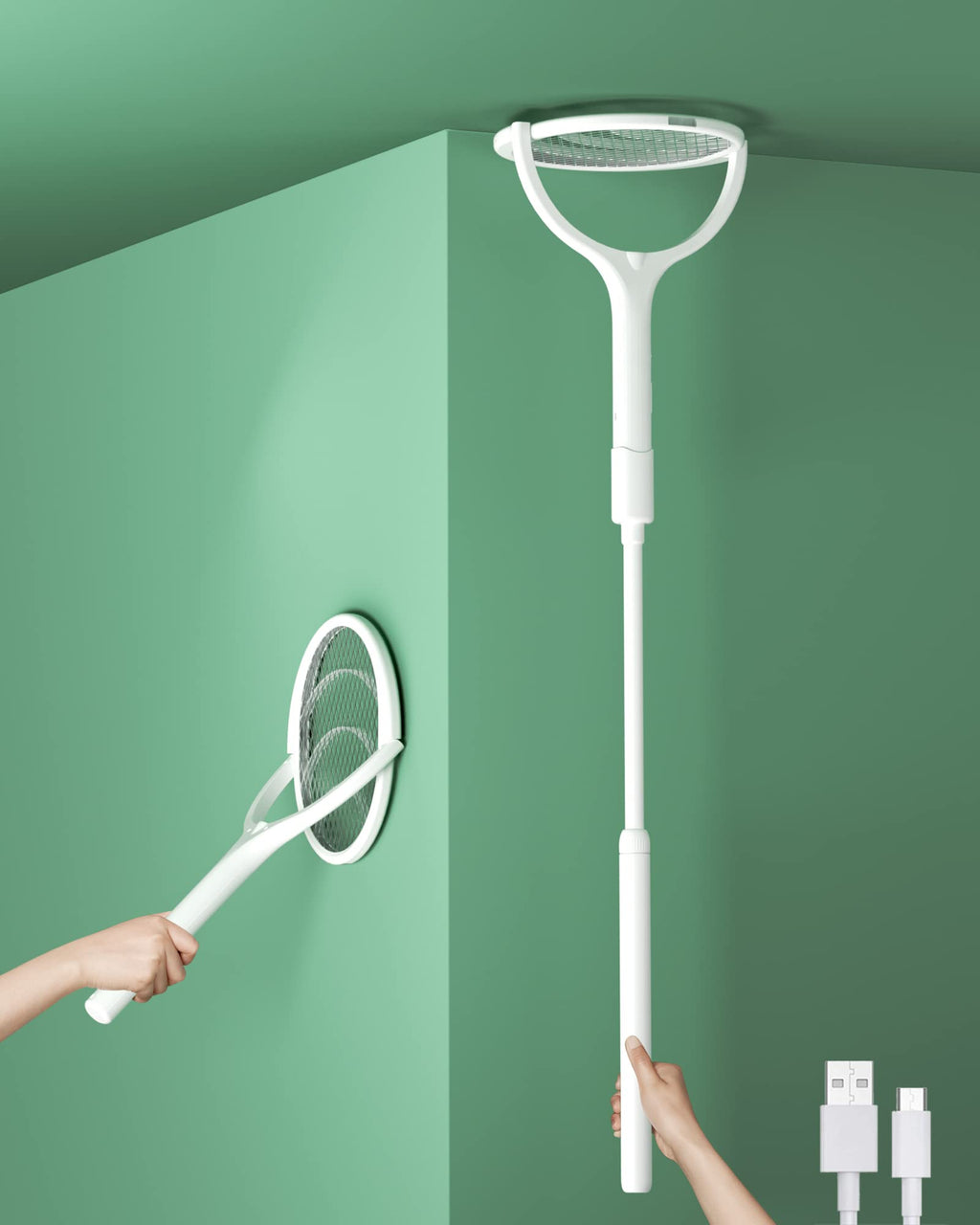 Rotating Head Rechargeable Electric Fly Swatter Racket Bug Zapper Racket Mosquito Zapper Indoor Bug Zapper Fruit Fly Zapper Spider Killer Gnat Trap Wasp Catcher, with a Telescopic Extension Wand