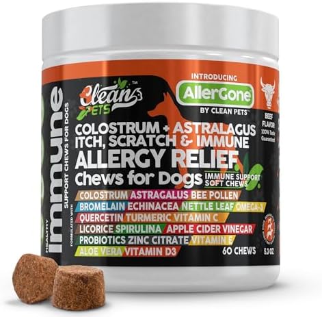 Dog Allergy Relief Chews | Itchy Skin Relief for Dogs | Colostrum Astralagus Omega 3 Bee Pollen Bromelain Echinacea Nettle Leaf Quercetin Licorice Root Spirulina ACV Immune - Pack of 1