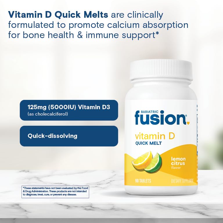 Bariatric Fusion Dissolvable Vitamin D3 5000 IU Quick Melt | Lemon Citrus Flavored Chewable Vitamin D Supplement | Healthy Bone Support* | Gluten, Dairy, and Soy Free | 90 Fast Melting Tablets