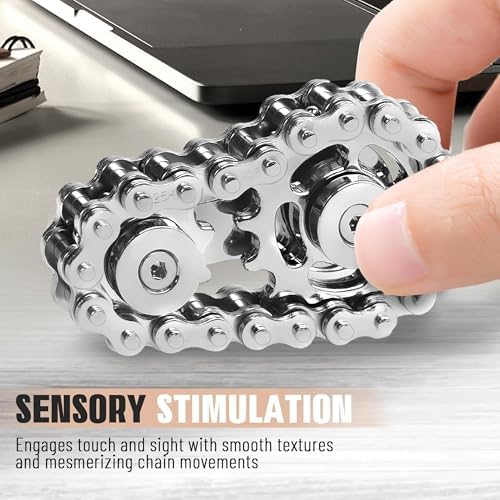 Fidget Spinners Toys for Adults Metal Figette Bike Chain Pain Stim Fidgets Toy for Teens ADHD Cool Gadgets Desk Offices Gift Anxiety Relief Item Stress Tool Sensory Spiky Toy for Autism - Black+Silver