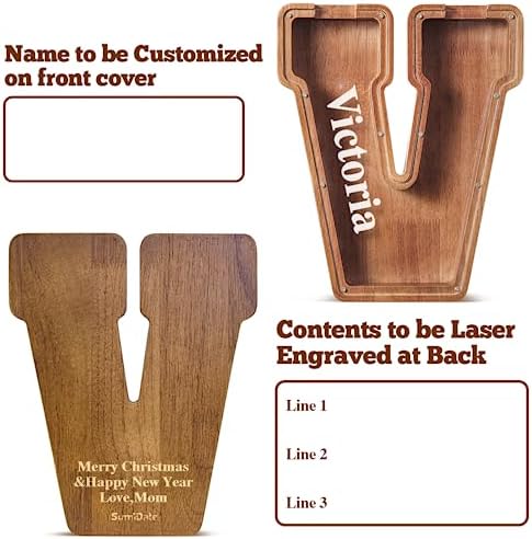 Summidate Customized Name Extra Large Wooden Piggy Bank for Kids Boys Girls Alphabets Letter A-Z Coins Bills Money Change Saving Box Clear Cover (Laser Engraved) Educational Toys 12"- Letter V