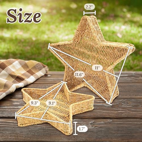 Star Wicker Basket, Rattan Basket, Decorative Basket, Star Plates, Woven Basket for Gifts, Star Dishes, Christmas Serving Dishes and Platters, Oat Milk, Resin Wicker Set of 2