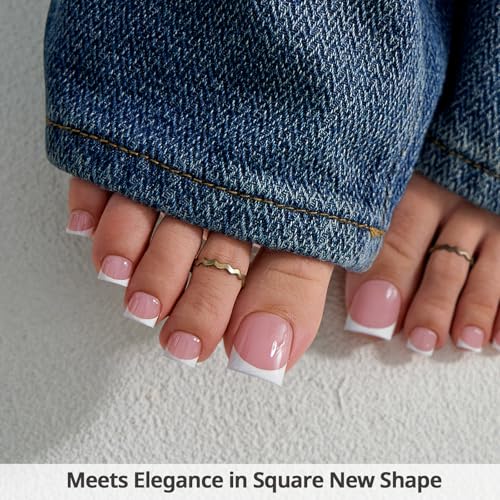 BTArtbox Press On Toenails - Lamp-Curable Real Square Toe Nail Press Ons with Glue for Women, Semi-Transparent French Tip Fake Toe Nail Tips in 15 Sizes - 30 Toenails Kit, Ma'am