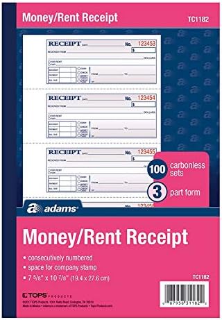 Adams Money and Rent Receipt Book, 3-Part, Carbonless, White/Canary/Pink,7 5/8" x 10 7/8", 100 Sets per Book, 5 Books, 500 Sets Total (TC1182)