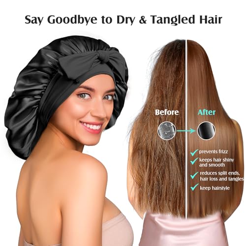 YFONG 100% 22 Momme Mulberry Silk Bonnet for Sleeping Women, Larger Double Layer Silk Hair Wrap for Curly Short Long Hair, Non-Slip Sleep Cap Turban with Elastic Tie Band for Hair Care, Black