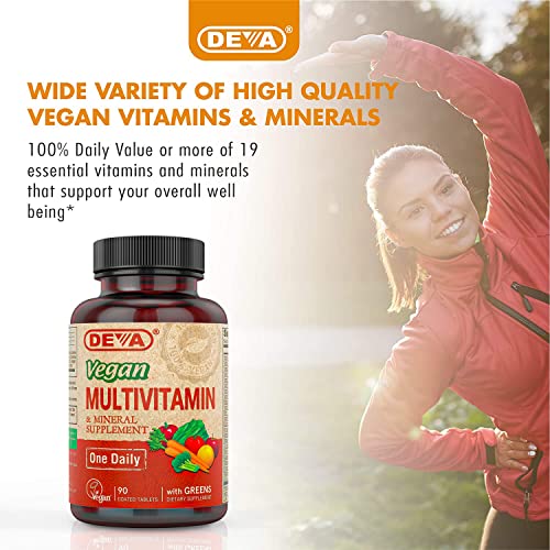 DEVA Vegan Multivitamin & Mineral Supplement with Iron 2-Pack, Spirulina, Chlorella, Ashwagandha, Broccoli & More, 90 Coated Tablets Each