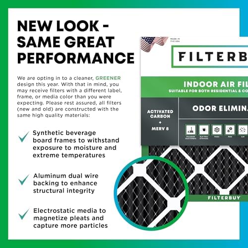 Filterbuy 16x25x1 Air Filter MERV 8 Odor Eliminator (4-Pack), Pleated HVAC AC Furnace Air Filters Replacement with Activated Carbon (Actual Size: 15.50 x 24.50 x 0.75 Inches)