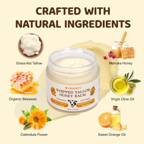 Vigority Beef Tallow and Honey Balm for Women: Organic Grass Fed Whipped Beef Tallow for Skin - Beef Tallow Face Moisturizer Infused with Manuka Honey, Beeswax and Olive Oil - 2 oz, Unscented