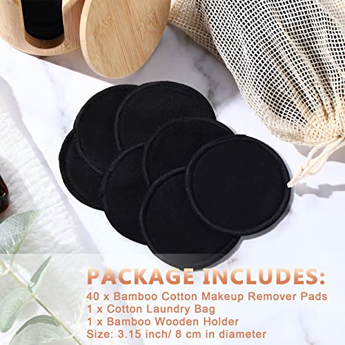 Foaincore 40 Pcs Reusable Makeup Remover Pads with Mesh Laundry Bag Washable Bamboo Cotton Rounds Soft Reusable Face Pad for Toner Skin Types with Bamboo Holder(Black)