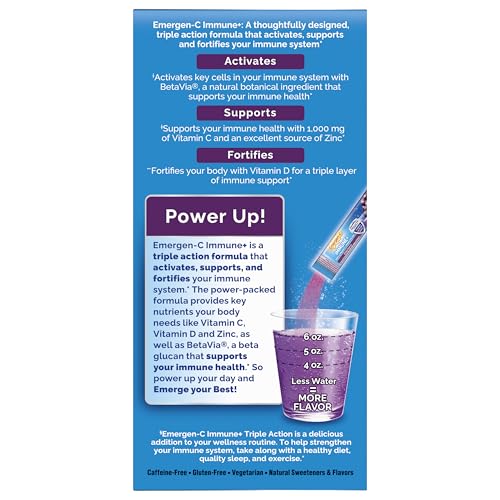 Emergen-C Immune+ Triple Action Immune Support Powder, BetaVia (R), 1000mg Vitamin C, B Vitamins, Vitamin D and Antioxidants, Elderberry – 18 Count
