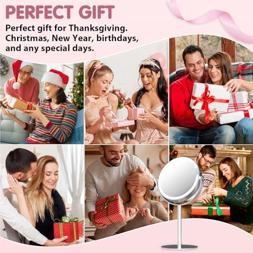 10x Magnifying Mirror with Light - 8in Double Sided Makeup Mirror, 360° Rotation Magnifying Mirror with Light, Portable Travel Makeup Mirror with 3 Color Light,Rechargeable Adjustable Vanity Mirror