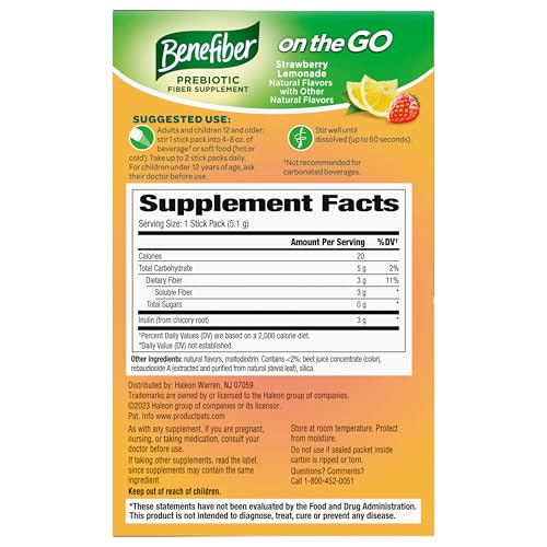 Benefiber Fiber Supplement, Strawberry Lemonade, On The Go Stick Packs, 36 Count (Pack of 2)