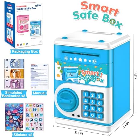 Blue Piggy Bank for Kids, Electronic Coin Money Bank, Children's Safe Money Jar Toy Age 4 7 8 9 10 11 with Password Code Lock and Auto Grab Bill Slot, Great B-Day Xmas Toy Gifts for Kids