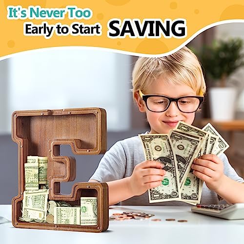 Summidate Large Wooden Piggy Bank for Kids Adults, Alphabets Letter A-Z Piggy Bank for Boys Girls, Coins Bills Change Bank Box Personalized Initial Name Kids Money Bank for Birthday Present and Decor