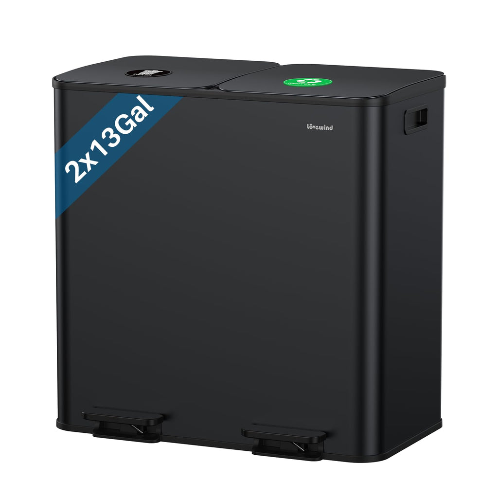 Dual Trash and Recycling Bins for Kitchen, 2×13 Gallon (2× 50L) Stainless Steel Trash and Recycle Bin Combo with Soft-Close Lid, Large Garbage Cans for Kitchen Home with 2 Magnets Sticker, Black