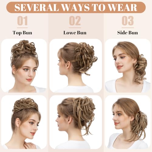 SARLA 2PCS Messy Bun Hair Pieces Detachable Claw Clip Wavy Curly Synthetic Hairpieces Fake Scrunchies Updo Ponytail Extension for Women Chocolate Multi