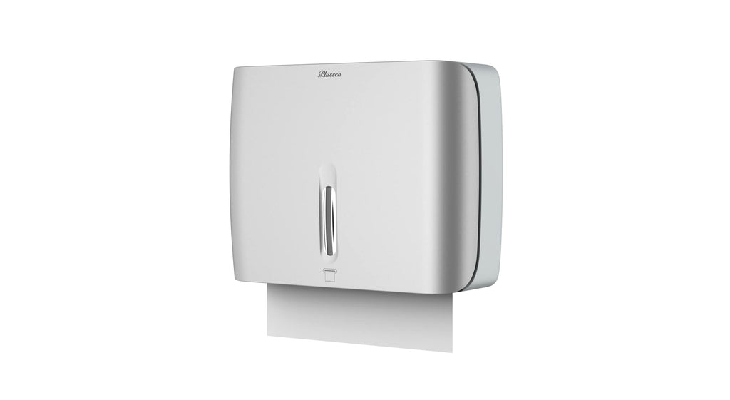 PLUSSEN Paper Towel Dispenser Wall Mount Commercial & Home Use ABS Matte Silver Gray with Window Holds 200 C/Z/Multi-Fold Towels Includes Hardware & Key Bathroom Paper Towel Holder