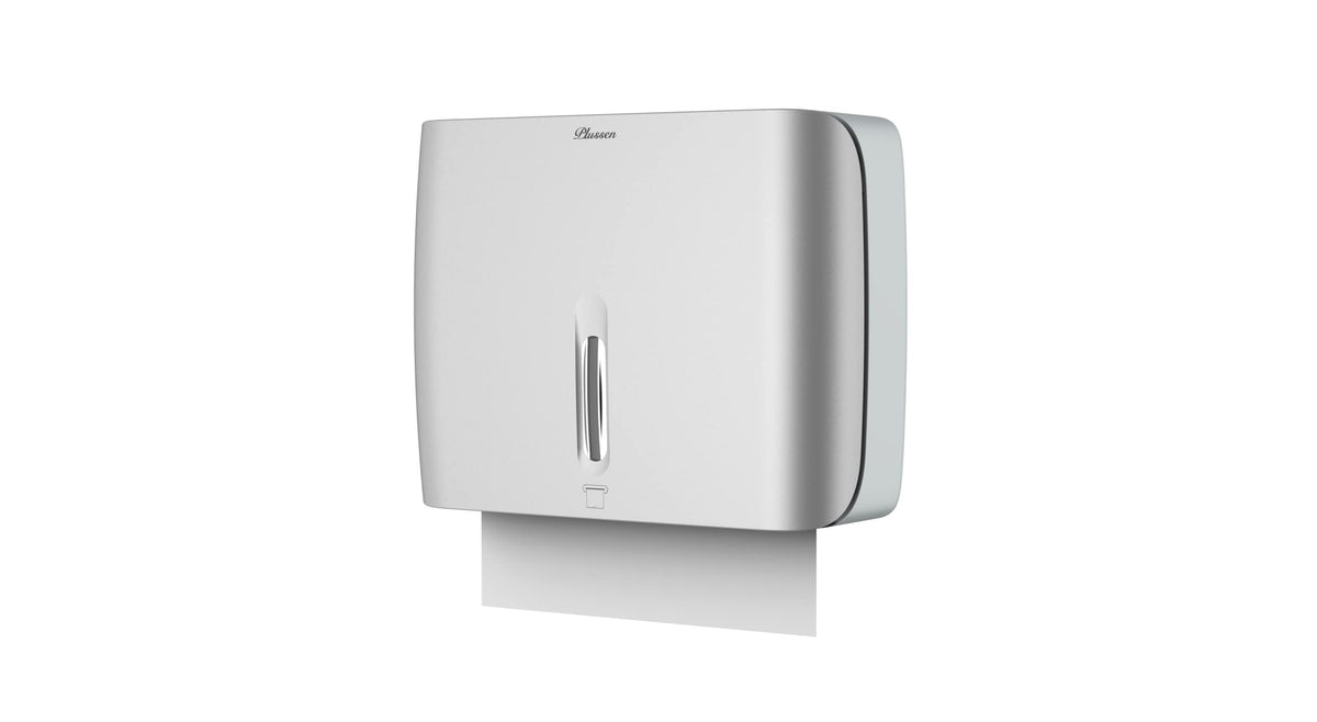 PLUSSEN Paper Towel Dispenser Wall Mount Commercial & Home Use ABS Matte Silver Gray with Window Holds 200 C/Z/Multi-Fold Towels Includes Hardware & Key Bathroom Paper Towel Holder