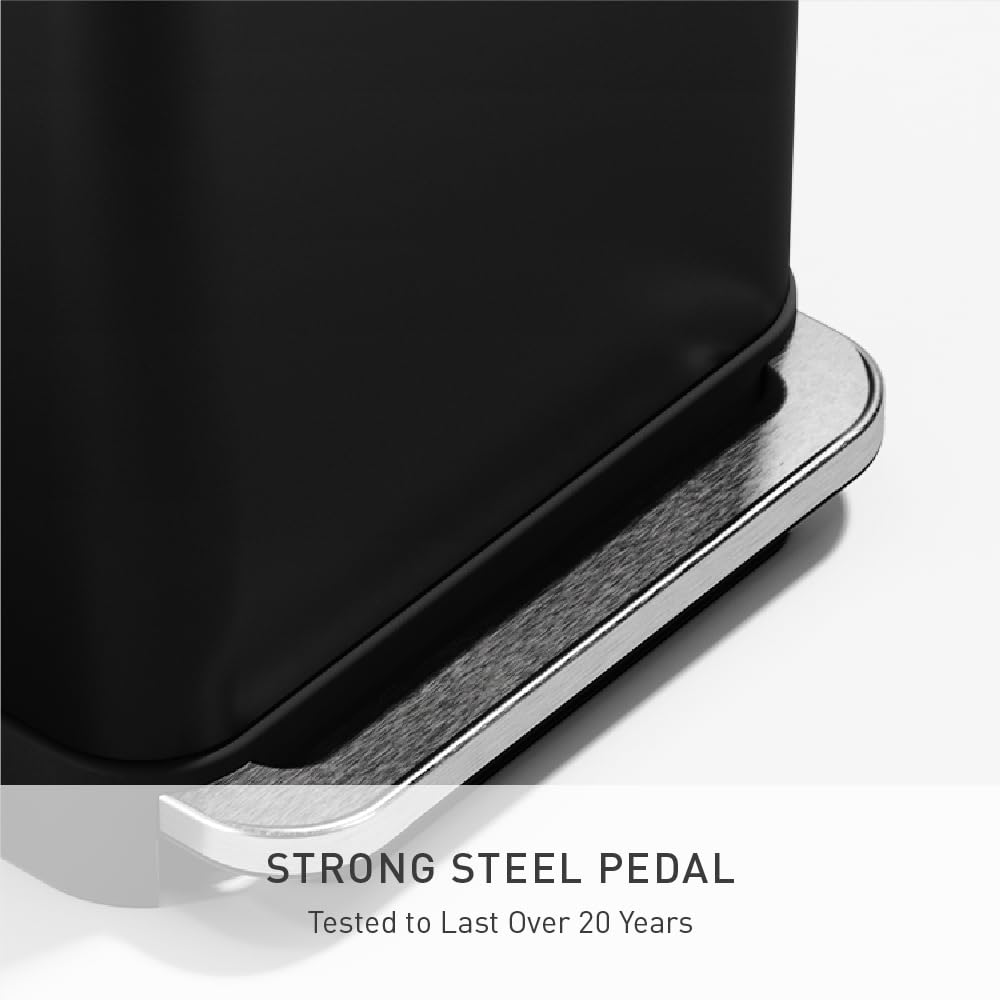 simplehuman Rectangular Step Can, 45L / 12 Gallon Kitchen Trash Can, Liner Rim System, Liner Pocket®, 150,000-Step Pedal, Lid Shox® Silent Close, Matte Black Steel