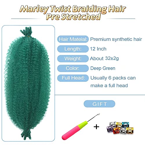 Green Marley Twist Braiding Hair 12 Inch Marley Hair for Faux Locs Butterfly Locs Crochet Hair for Black Women Spring Twist Hair Passion Twist Hair Kinky Curly Braiding Hair Pre Stretched