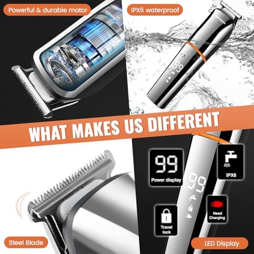 PRITECH Beard Trimmer for Men, 6 in 1 Beard Trimmer Kit, Electric Beard Trimmer with Hair, Precision, Body, Nose, Foil Razor, Grooming Kit Waterproof IPX6 (Silver)