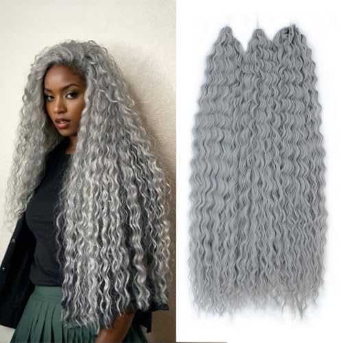Felek 30inch Ocean Wave Crochet Braiding Hair 3 Packs Ashy Grey Color Long Water Wave Boho Synthetic Soft Wavy Curly Crochet Braids Hair For Black Women (Grey)