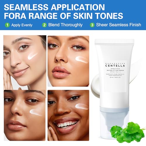 2PCS Centella Sunscreen SPF 50, Daily UV Defense Summer Sunblock for Face, 50ML 𝑴𝒂𝒅𝒂𝒈𝒂𝒔𝒄𝒂𝒓 Sunscreen Face Serum,Travel Essentials for Black Girl