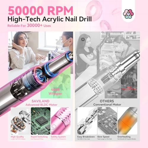SAVILAND Powerful Electric Nail Drill Professional: 50000RPM Nail Filer Electric Nail File Rechargeable Nail Drill Kit Portable Nail Efile 2 Ceramic Bit 2 Sticker for Fast Remove Acrylic Nail