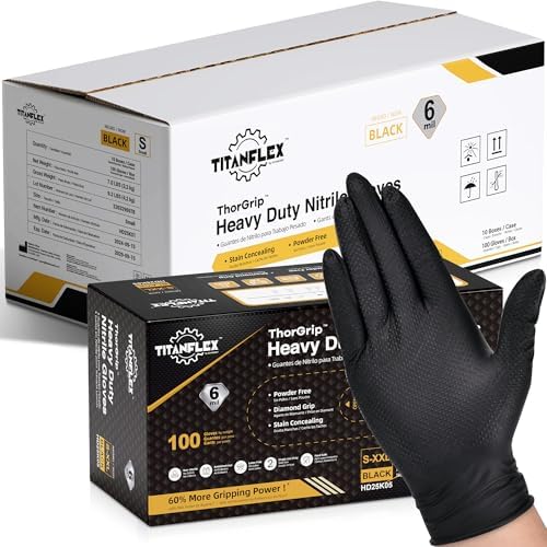 TitanFlex Heavy Duty Black Nitrile Gloves, 6 Mil with Raised Diamond Texture Disposable Gloves Latex Free, Powder Free