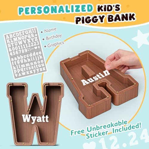 Summidate Wooden Letter Piggy Bank, Extra Thick Large Capacity Piggy Bank for Kids Boys Girls Toddler, Alphabet W Money Bank| Coin Box Birthday, Christmas, Festival