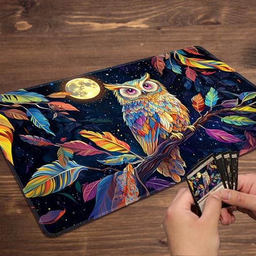 MTG Playmat Magic Card Playmat Game Mat,TCG & CCG Card Games Mat with Free Storage Bags Size 24 x 14 Inches (No with Zones,Owl)
