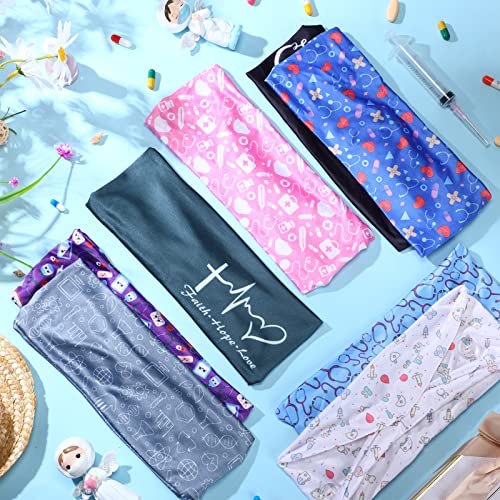 WILLBOND 8 Pieces Nursing Headbands with Buttons for Nurses Doctors Women Face Covering Ear Protection Holder Non Slip Elastic Hair Bands Wide Head Wraps for Spa Yoga Sports Workout (Cute Patterns)
