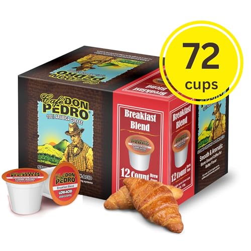 Cafe Don Pedro Breakfast Blend Low Acid Coffee Pods for Keurig K-cup -72 K Cups - Medium Roast, Naturally Low AcdC Coffee K Cups -100% Arabica, Stone Ground, Smooth and Bold Flavor