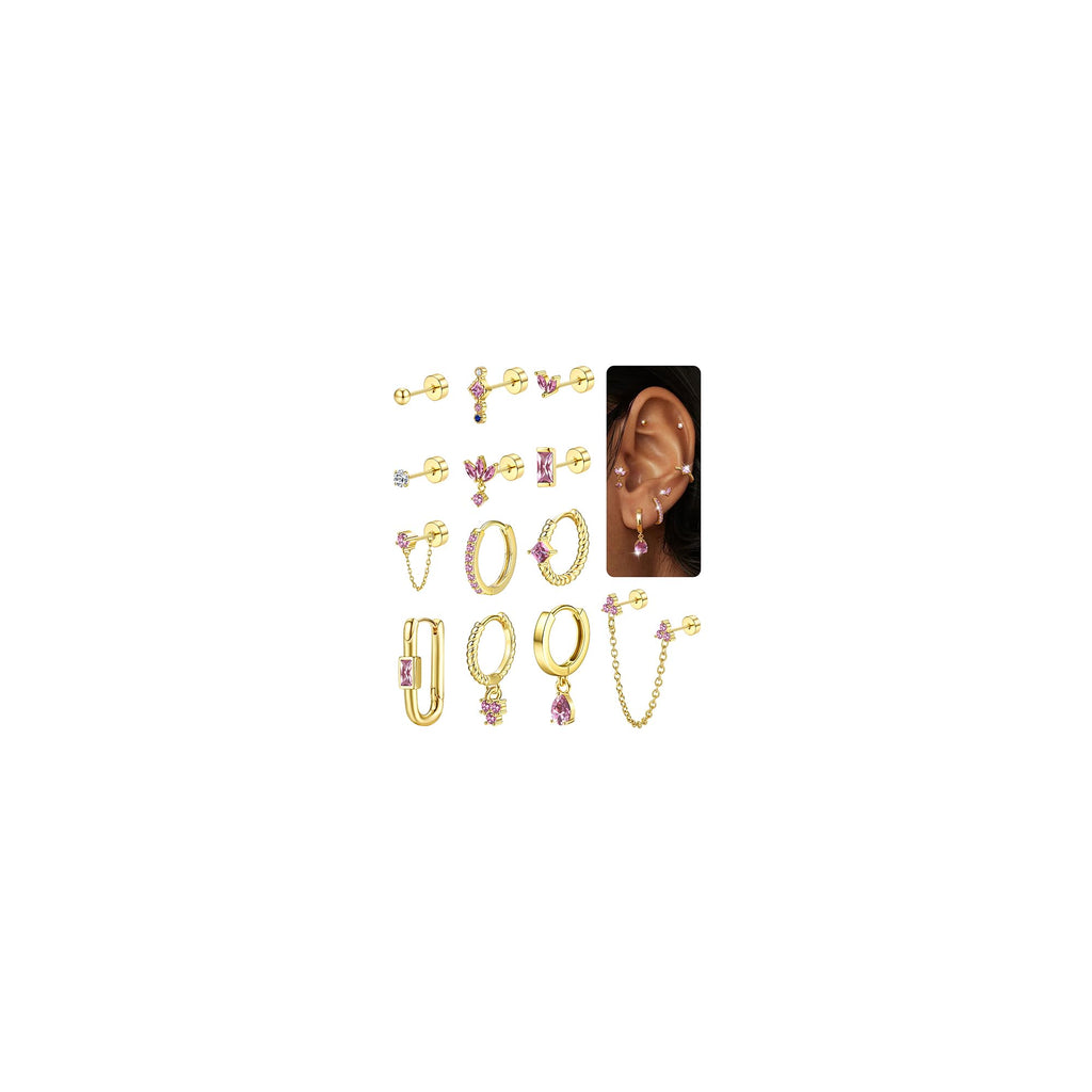 Sanfenly Stud Earrings Small Hoop Earrings Set for Women Gold Pink CZ