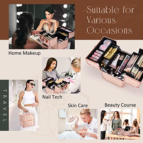 FRENESSA Makeup Train Case Cosmetic Box Portable Makeup Case Organizer 4 Trays Travel Case Storage with Dividers Lockable for Makeup Artist, Crafter, Makeup Tools Rose Gold Floral