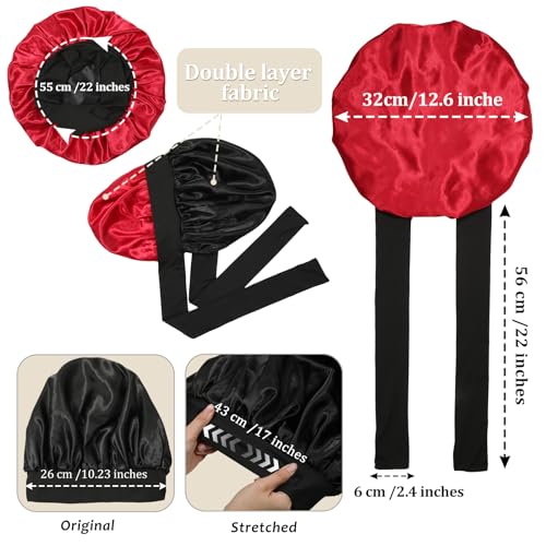 Reversible Satin Bonnet for Women with 3PCS Hair Scrunchies Tie Band Hair Bonnet for Sleeping Large 2 Layered Silk Sleeping Cap Nightcap for Sleeping (Reversible (Black/Red))