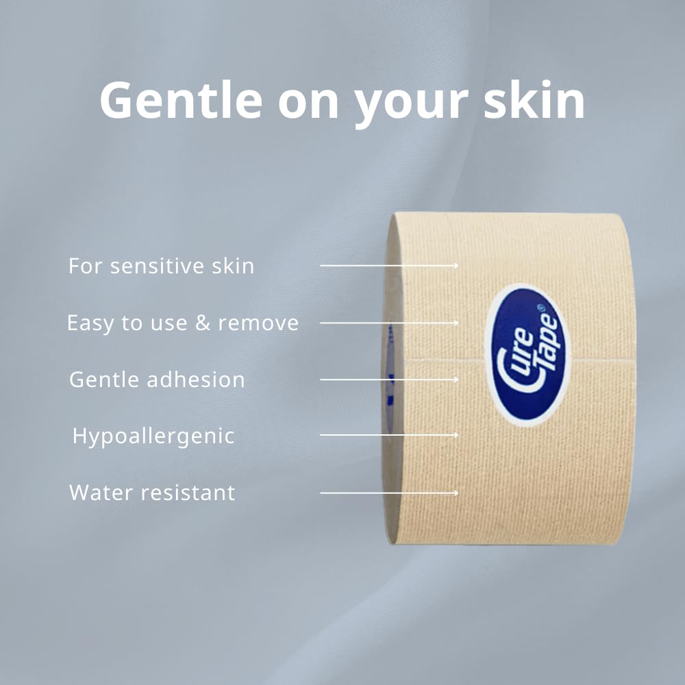 CureTape Gentle Sensitive Kinesiology Tape with Gentle Adhesion | Hypoallergenic Water Resistant K Tape | for Sensitive Skin, Elderly or Children | Gentle to Remove | 1 Roll of 5cm Wide Muscle Tape