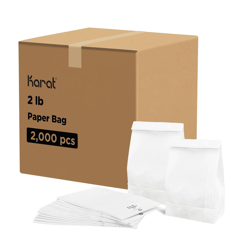 Karat 2lb Paper Lunch Bags - White, 2,000 Count - Versatile Paper Bags for Small Business, Snacks, Popcorns or Party Favor - Sturdy, Self-Standing, Reusable