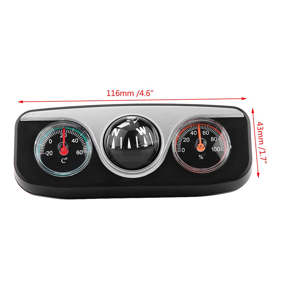 Car Thermometer, Hygrometer 3 in 1 Ball, Multi Functional Reading with Self Adhesive Tape, Black, Compact Size