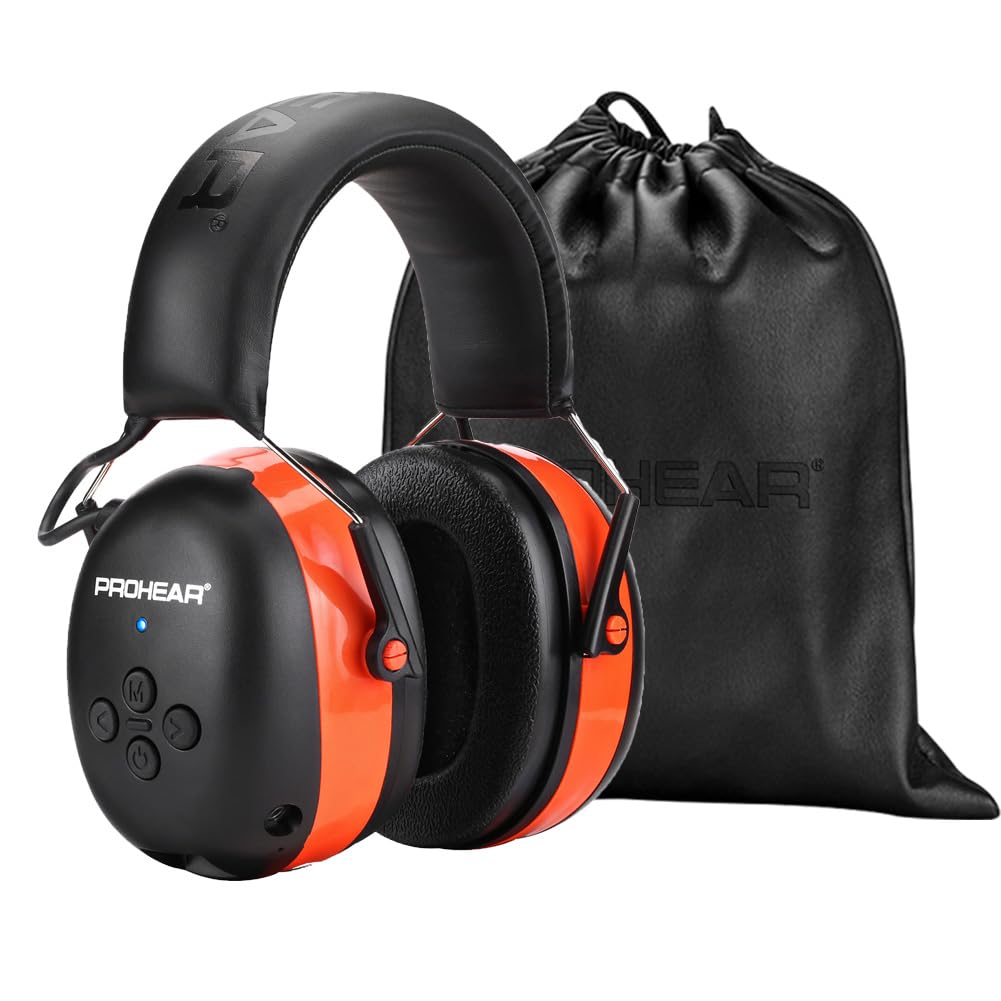PROHEAR 037 Bluetooth 6.0 Hearing Protection Headphones with Rechargeable 1500mAh Battery, 30dB SNR Safety Noise Reduction Ear Muffs with 120H Playtime for Mowing, Workshops, Snowblowing - Orange