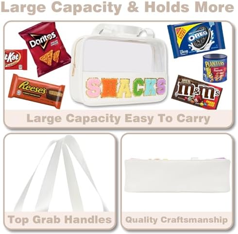 Snack bags, Snack Pouch Chenille Letter Patch Clear Bag, Snack Bag for travel, Preppy Cosmetic Bag Clear Snack pouch with Zipper, Toiletry Bags for Traveling women, Clear Travel Bags for Toiletries