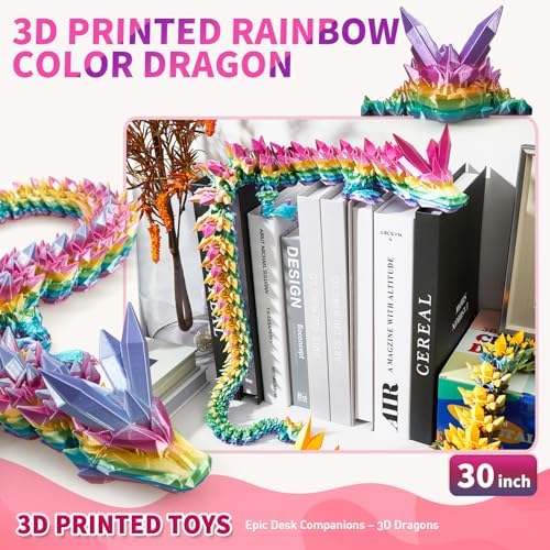 Large 3D Printed Dragon,30 Inch 3D Dragon Toys,Bigger Fidget Crystal Animals Toys, 3D Printed Articulated Animals for Home Office Car Desk Decor（Rainbow