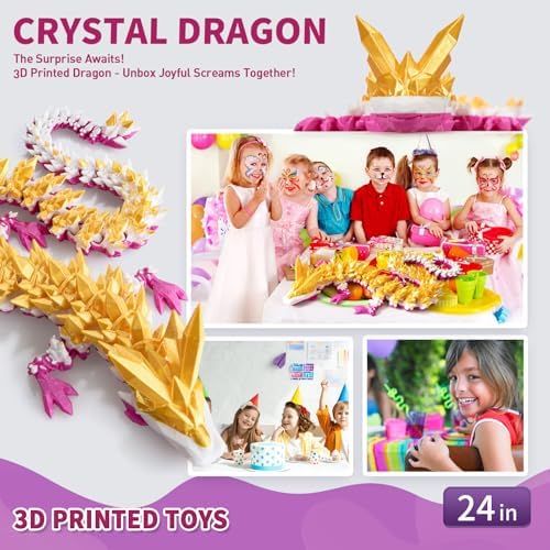 Large 3D Printed Dragon,24 Inch 3D Dragon Toys,Bigger Fidget Crystal Animals Toys, 3D Printed Articulated Animals for Home Office Car Desk Decor (Gold White Purple, 24 inch)